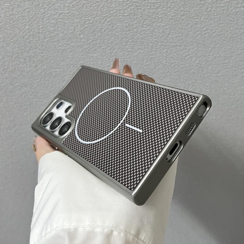 Carbon Fiber Texture Magnetic Phone Case For Samsung S25 Ultra S24 FE S23 Plus Wireless Charge Shockproof Hard PC Bumper Cover