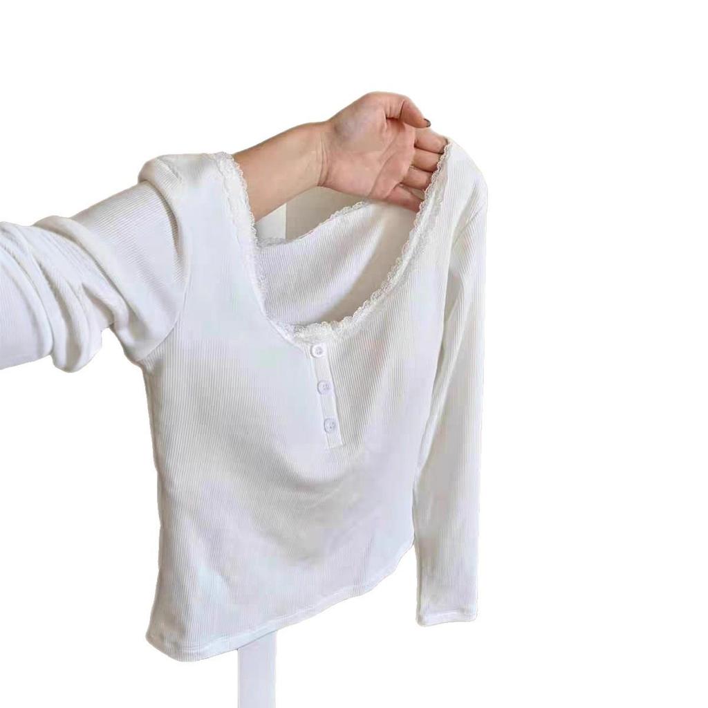 2025 A/W Lace Trim U-Neck Slimming T-Shirt