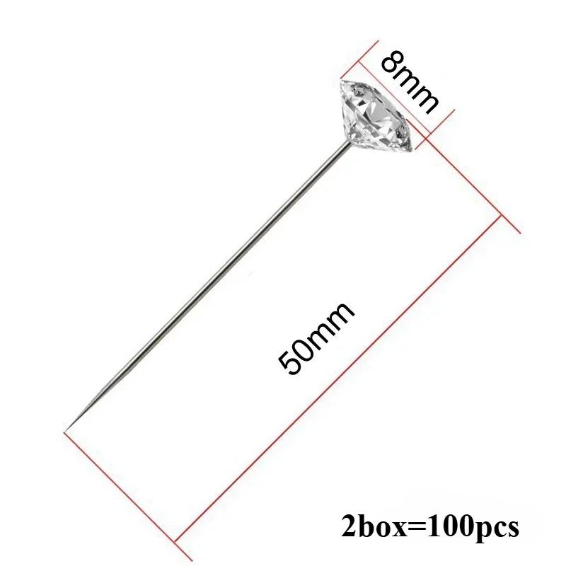 1Box 50/100Pcs Alloy Pins Transparent Diamond Pin DIY Wedding Bouquet Pins Stitching Needles Plastic Box Sewing Accessories