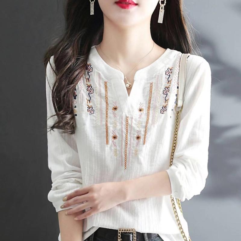 Dámské jaro podzimní halenky topy dáma ležérní výšivka výstřih do V s dlouhým rukávem vintage volné blůzy