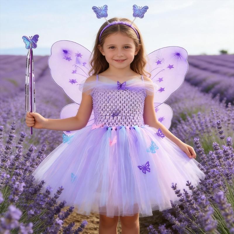 4Pcs Fairys Princess Costume Set with Butterfly Wing Angel Wand Tutus Dress Headband for Kids Little Girls