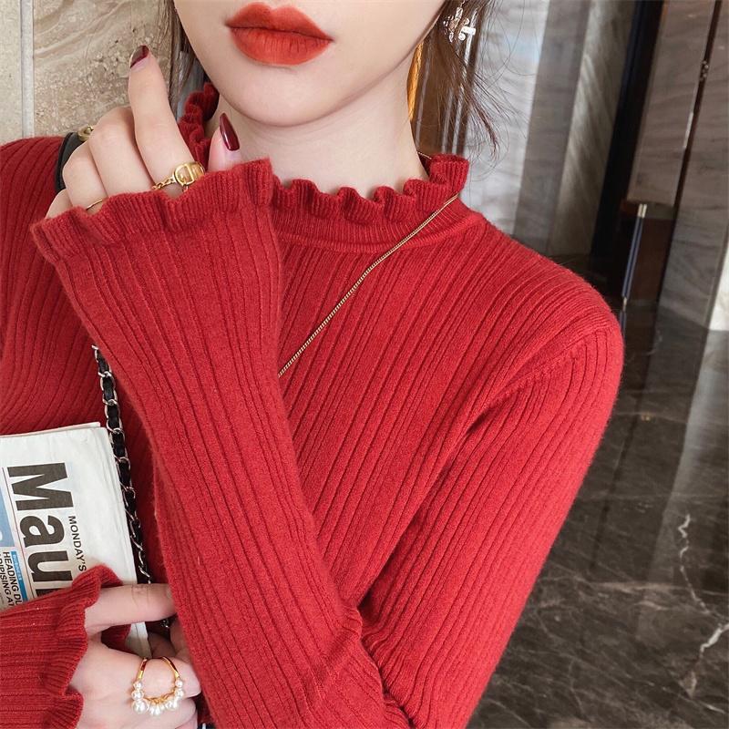 Herbst und Winter Schlanke Passform Basis Pullover Pullover Damen Mode Lässig Elegant Langarm Strickpullover Damen Pilzkante Uni Damen Pullover 25574