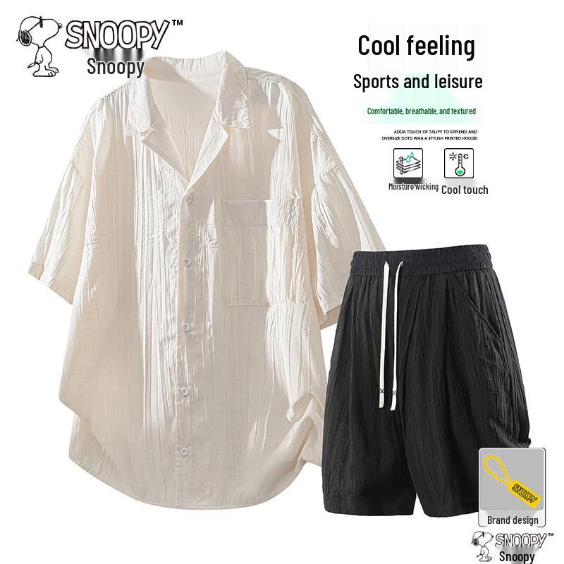 SNOOPY Men s Summer Casual Short Sleeve Shirt & Shorts Set L абрикосовый