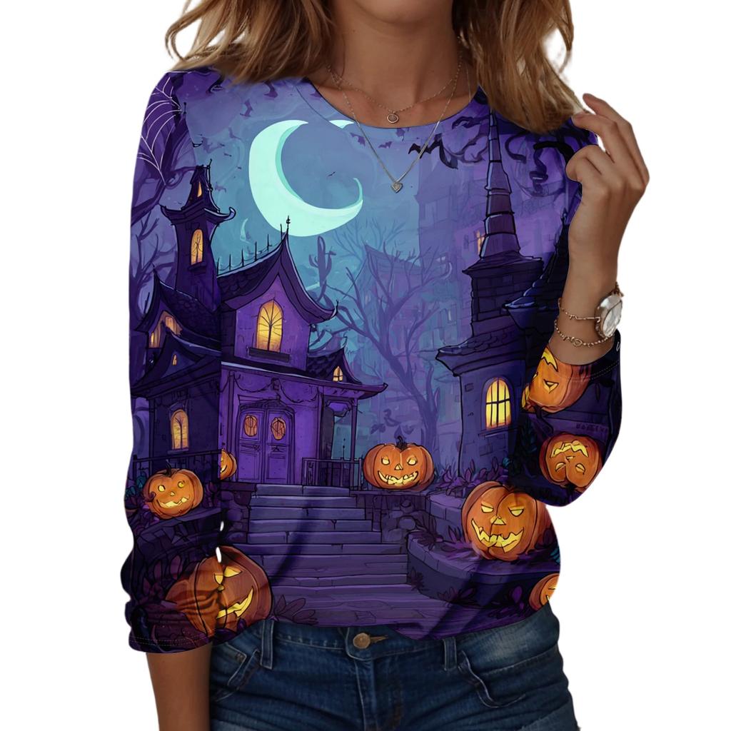 Women's Casual Long Sleeve Pullover Sweatshirt Halloween Pumpkin Print Round Neck Top Lightweight Comfortable Fit