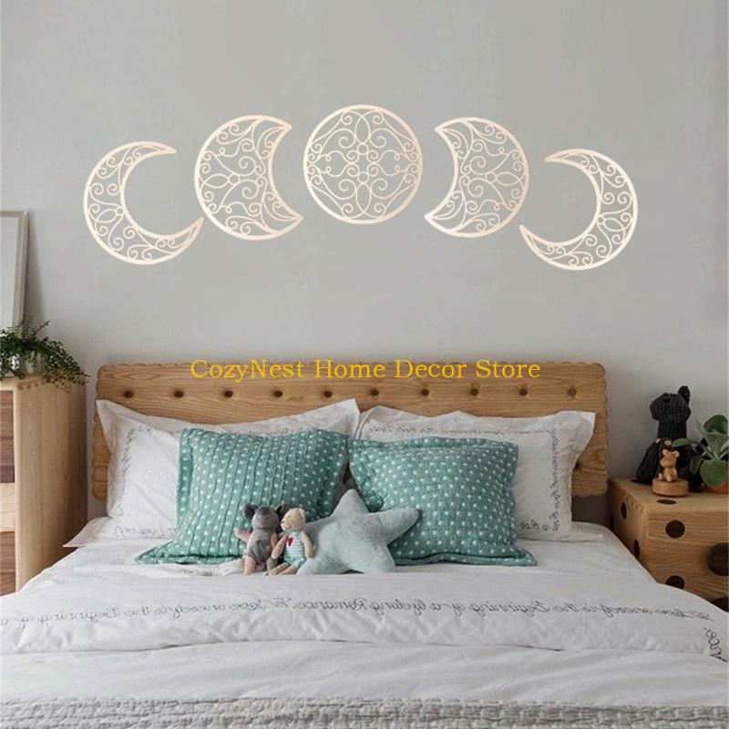92MF 5pcs Nordic Styles Hollowed Out Moon Phases Wall Hanging Decors Natural Wood Art for Bedroom and Living Room Decoration