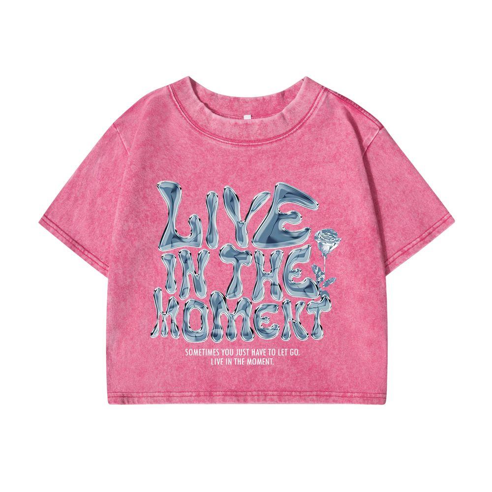 

Womens Cotton Crop Washed T-Shirts Live In The Moment Letter Prints Short Sleeve O-Neck Distressed Oversize Tops Clothes XL