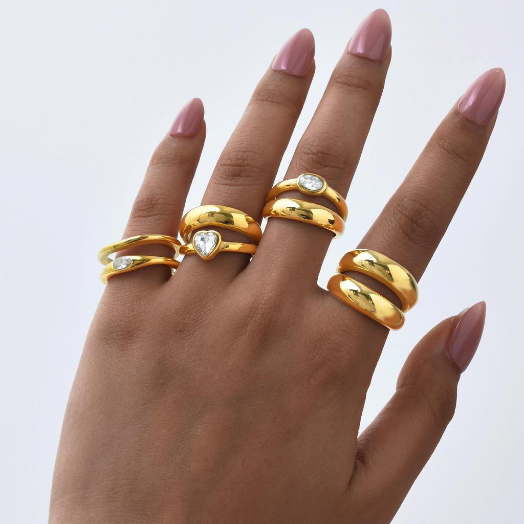 Chunky Zirconia Dome Ring for Women, Double Layered Stainless Steel Bold Stacking Croissant Statement Ring Jewelry