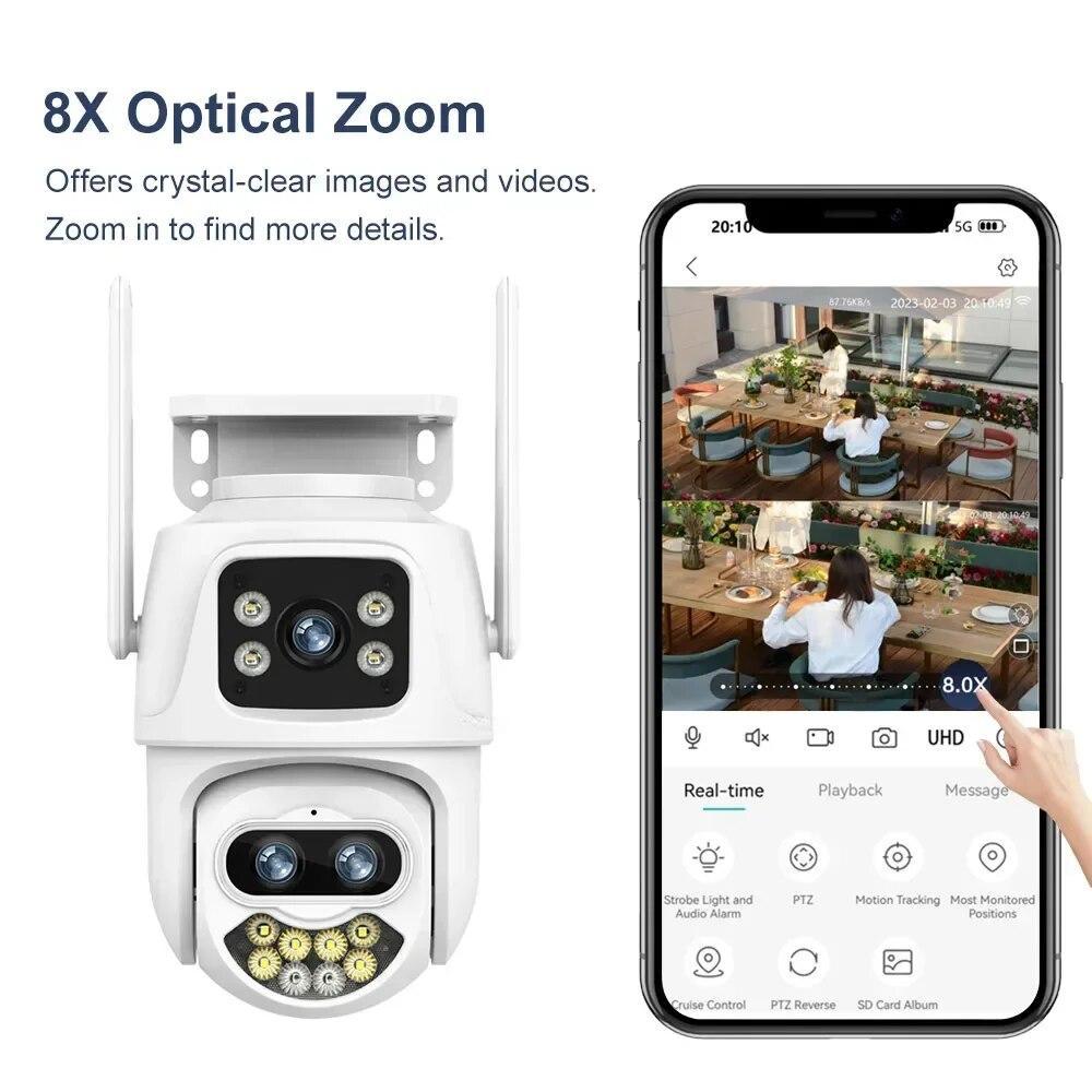 2024 New 9MP 4K Three Lens WiFi IP Camera Outdoor 8X Zoom Dual Screens PTZ Cameras Ai Auto Tracking CCTV Security Cam iCSee App