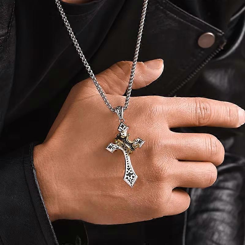 Crown Cross Necklace,Copper Pendant Necklace with Titanium Steel Chain 1-5pcs