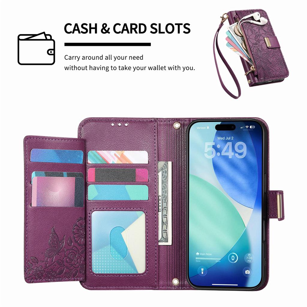 For iPhone Air Case Floral Leaf Pattern Multi Card Slots Zipper Leather Phone Cover with Wrist Strap