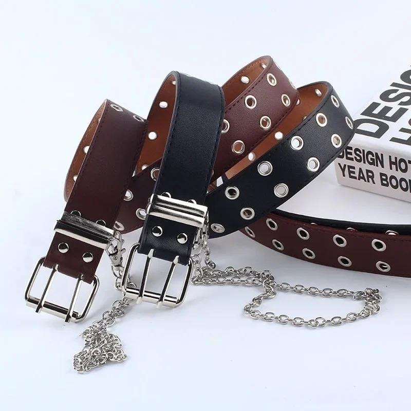 Women Punk Chain Fashion Belt Adjustable Double/Single Row Hole Eyelet Waistband with Eyelet Chain Decorative Belts