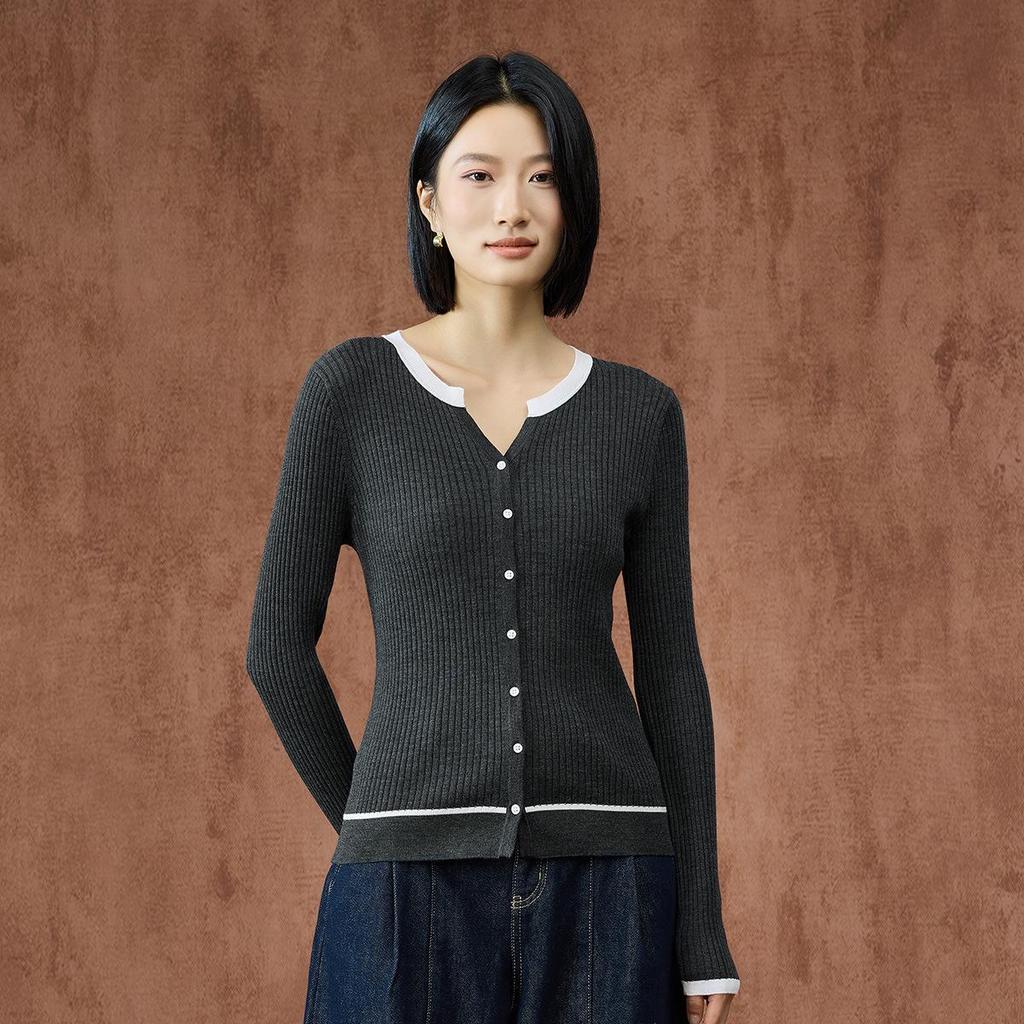 Northern Deer Women's French Wool Color Block Ribbed Knit Cardigan SL35
