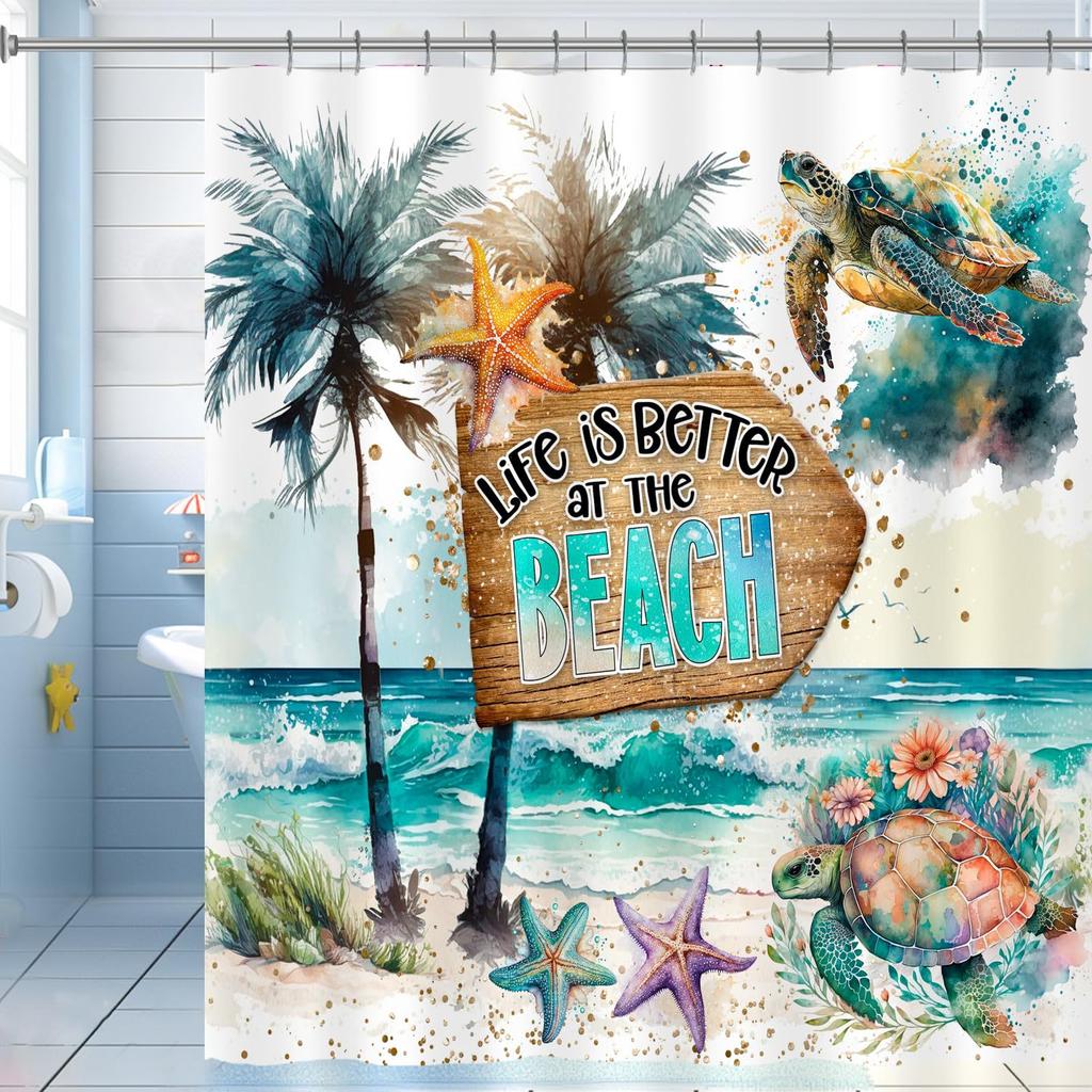 Purple Sunrise Beach Shower Curtain Coastal Shell Shower Curtain Suitable For Bathroom Waterproof Fabric Bathroom Curtain With Hook