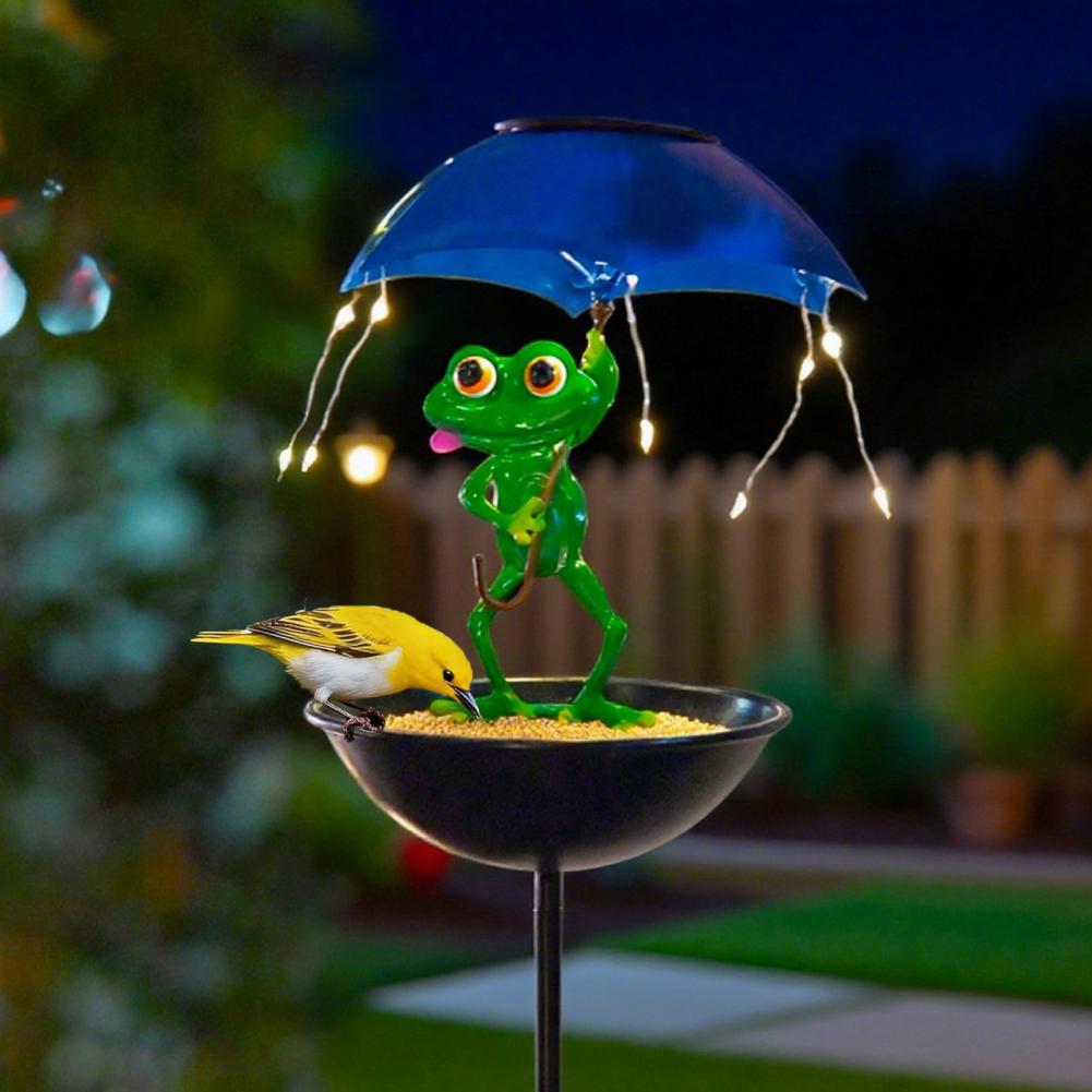 Solar Bird Feeder Stake with Light-Outdoor Garden Yard Decor, Umbrella-Shielded, 3-in-1 Bird Bath, Watering & Feeding Station