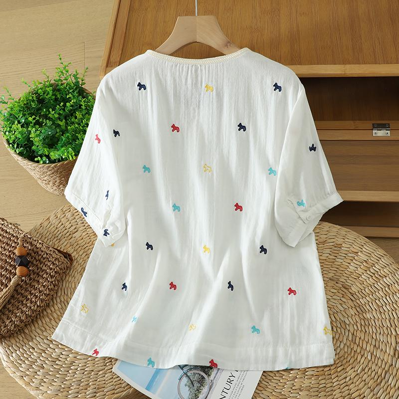 DIMANAF 2026 Taglie Forti Estate Donna Camicette Camicie Tunica Oversize Ampia Casual Cotone Lino Top da Donna Ricamo Floreale