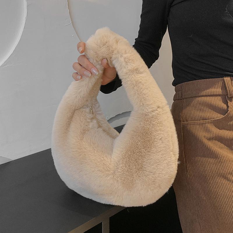 Yogodlns Fur Women's Small Half Moon Bag Luxury Warm Plush Wrist Bags for Women Fashion Furry Short Handle Clutch Cute Ladies Coin Purses