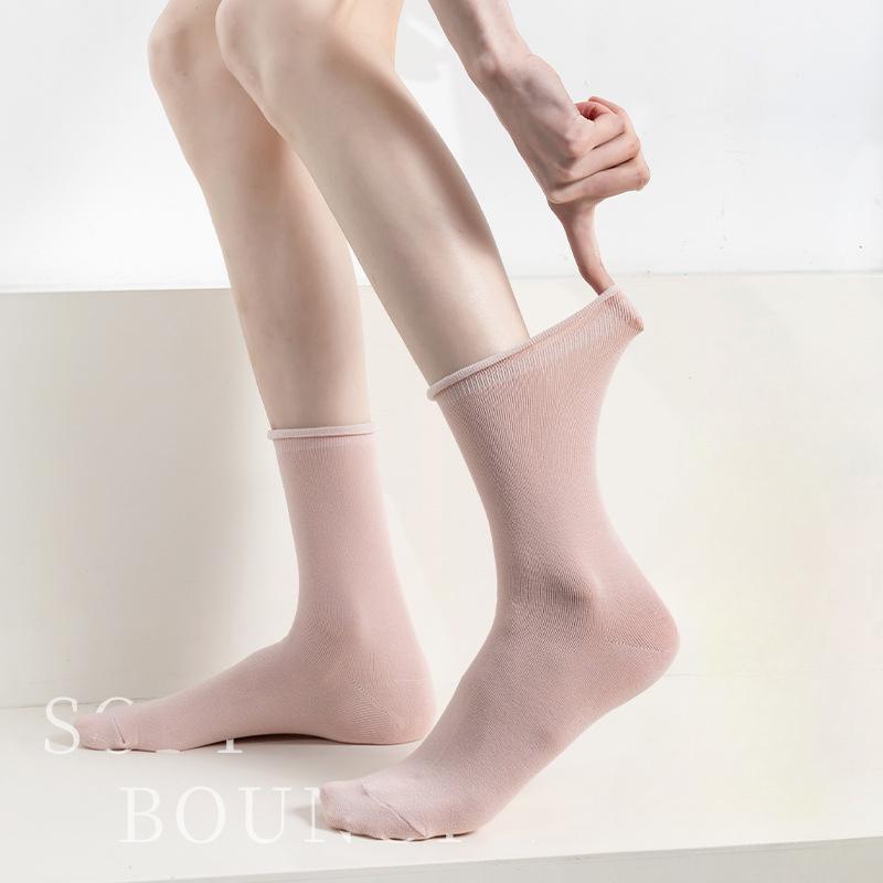 Loose Rolled-up Socks for Women In Summer, Thin and Breathable Mid-calf Socks, Solid-colored Cotton Pile Socks