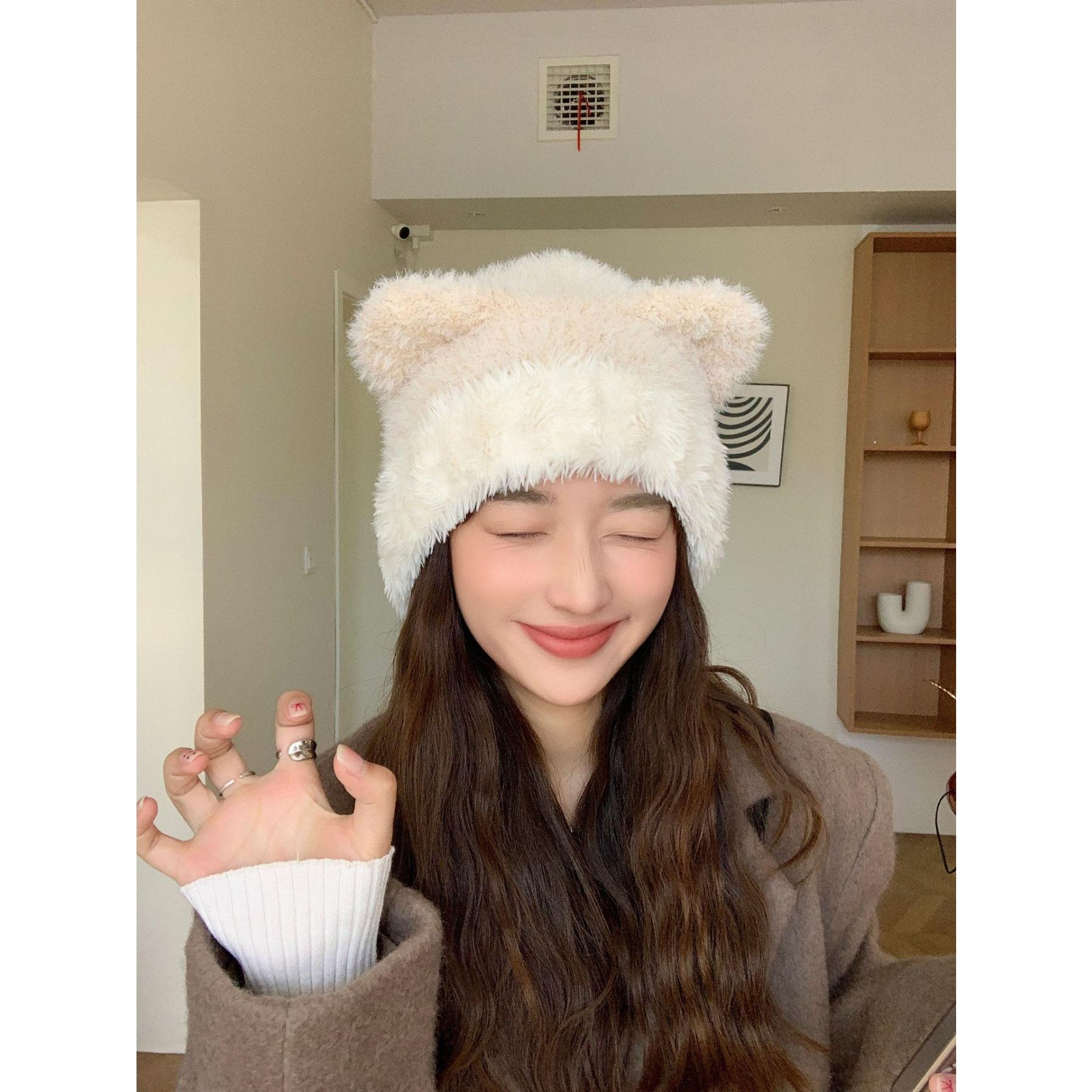 

Шапка женская однотонная универсальная вязаная шерстяная шапка зимняя теплая милая шапка-пуловер с ушками защитная шапка для ушей холодная шапка новая