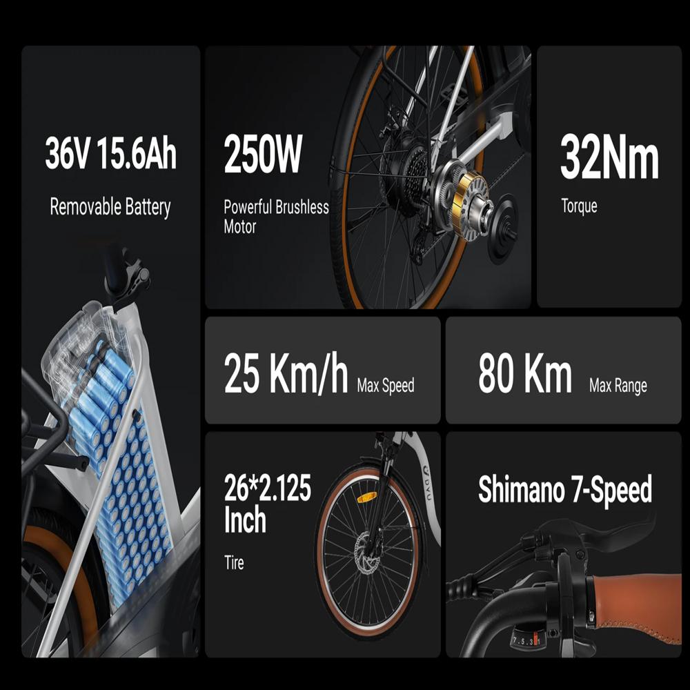 Electric Bike DYU C6 Pro 26" 250W Motor 15.6AH Max Range 80Km Load 120Kg White