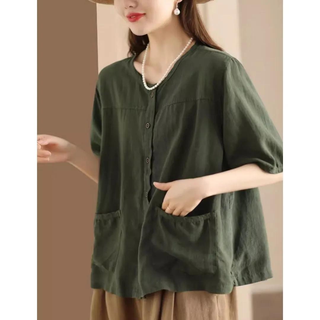

Женская летняя однотонная повседневная рубашка в стиле ретро с короткими рукавами, однобортный повседневный удобный топ XS зелёный