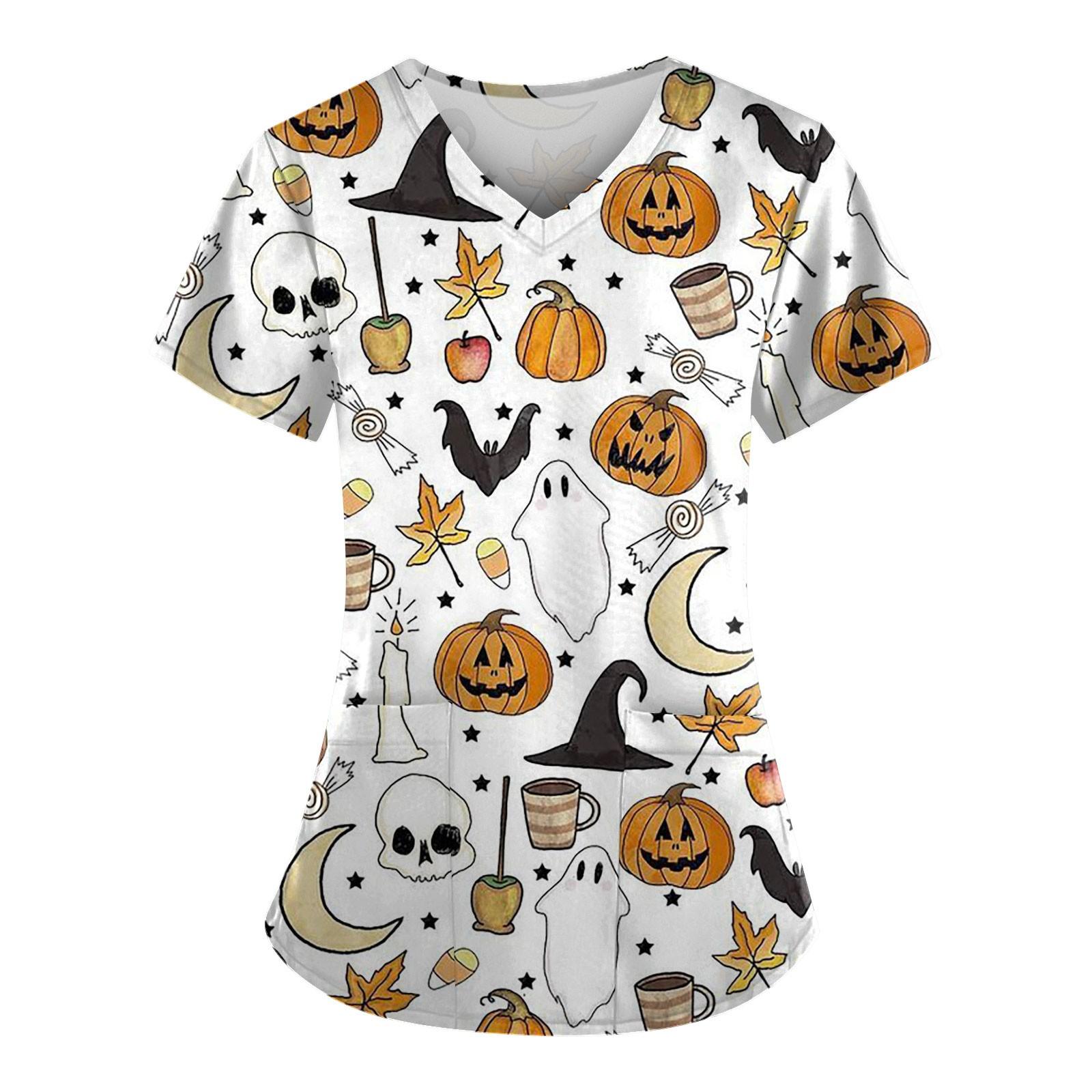 

Женская мода Хэллоуин Печатные топы с короткими рукавами и v-образным вырезом Рабочая блузка с карманами XXXXXL белый