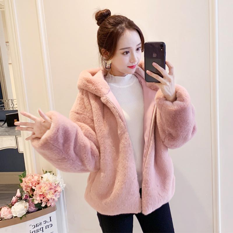 Imitation Fur Jacket Women's New Autumn and Winter Clothing Thickened Hooded Imitation Mink Plush Loose Short Imitation Rabbit Fur