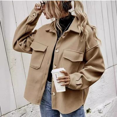 Frühlings- und Herbst-Leichtjacke Damen Khaki Aprikose Mode Einreihiger Wollmantel Pendler-Stil Einfarbig Blau Rosa Lockerer Mantel