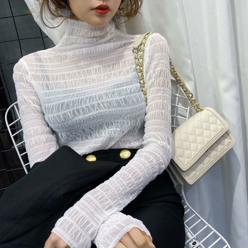 Women's Pile Collar Lace Blouse Solid Color Shirt  Long Sleeves and Mesh Pullover Top