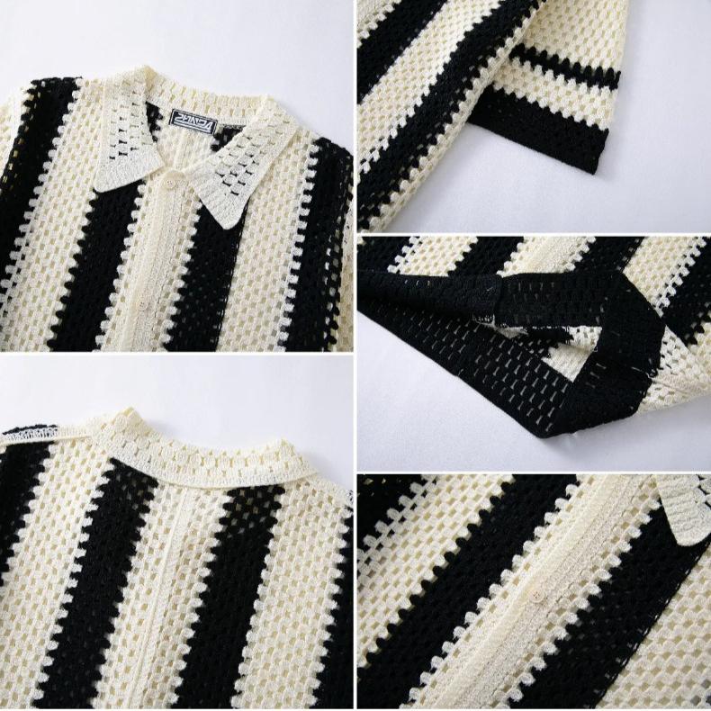 Men's Casual Knitted Short Sleeve Shirts Button Down Crochet Hollow Out Shirt Top Summer Vacation Vintage Knit Golf Beach Collared Shirts Tops for Men