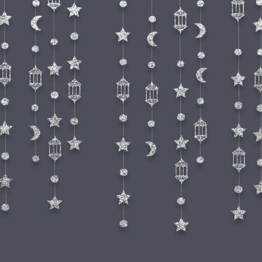 Gold Silver Eid Mubarak Banners Glitter Paper DIY Paper Star Moon Lantern Ceiling Hanging Pull Flag Hang Garland