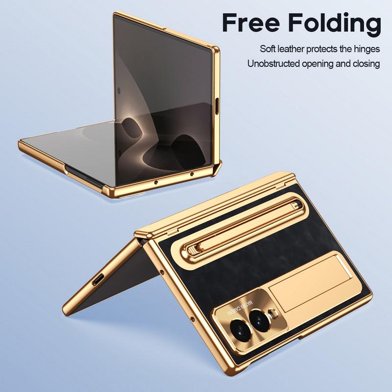 Plating Leather Phone Case For Samsung Galaxy Z Fold 8 Wide 7 6 5 4 TriFold Luxury Hidden Bracket Cover with Pen Slot & S Pen Screen Protector Film