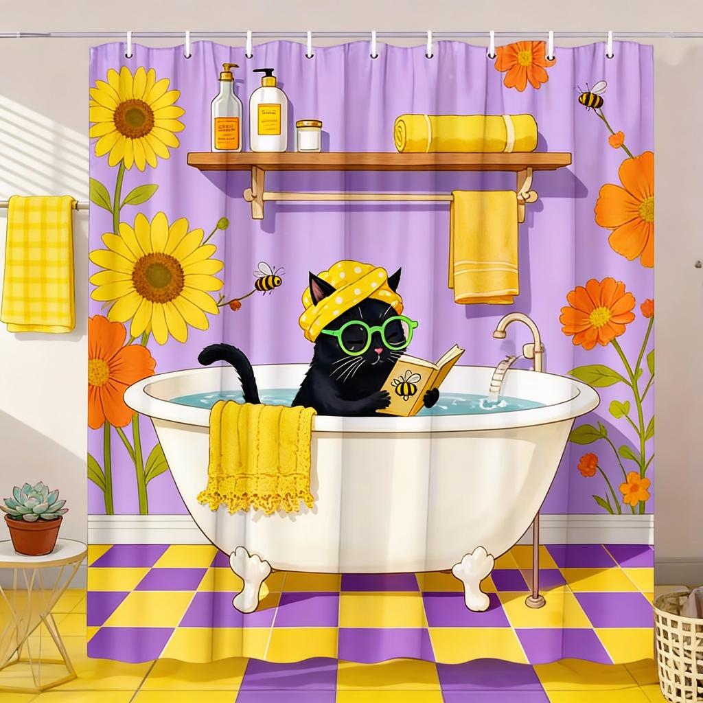 Adorable Cat Bathtub Shower Curtain Water Resistant Fabric Bathroom Ideal Whimsical Pet Lovers