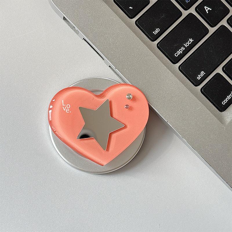 Heart-shaped Rhinestone Star Mirror Phone Holder with Magnetic Finger Ring