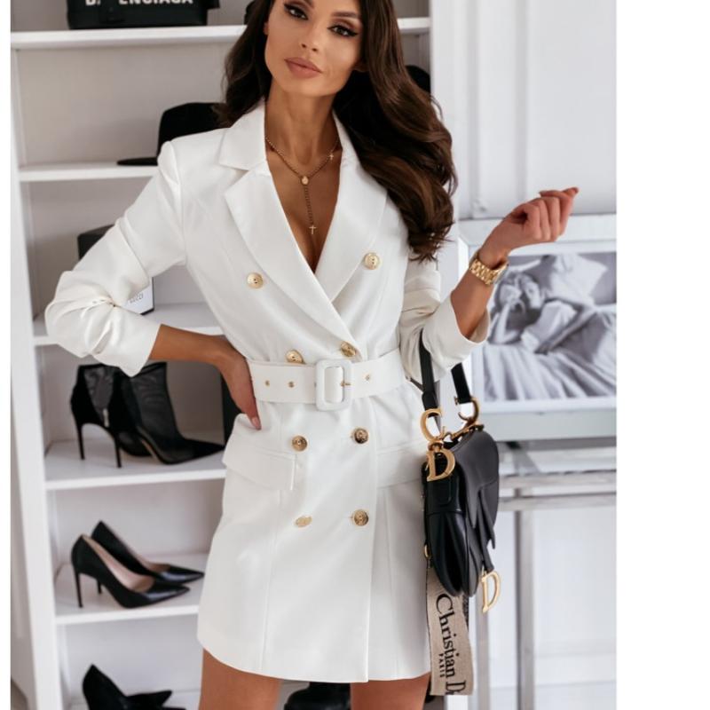 Autumn Winter Women's Double-Breasted Blazer Dress, Belted Waist Office Dress with Color Options, Versatile Work To Party Wear