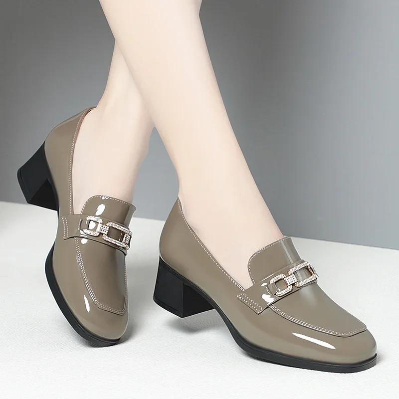 Fashion Women's Chunky Heel Shoes Spring Autumn New Square Toe Patent Leather Soft Sole High Heels Loafers Fashion Ladies Single Shoes