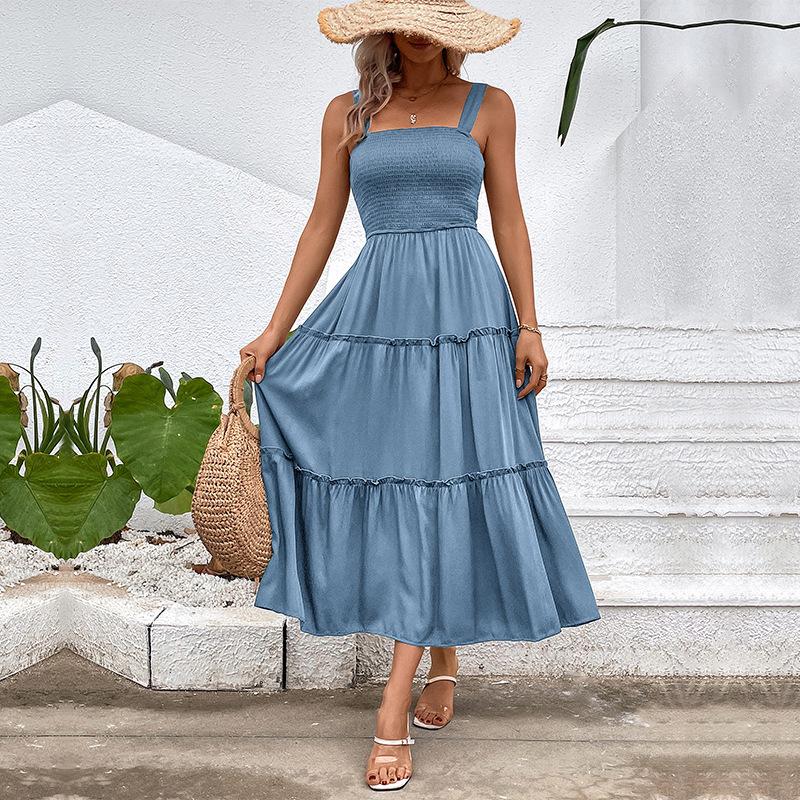 Summer Women Solid Color Strap Dress Sexy Long Ruffled