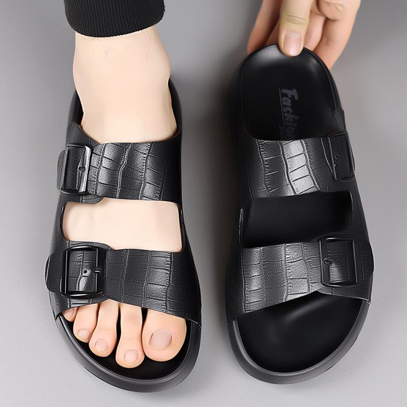 Fashion Summer Men Thick Bottom Slippers Leather High-quality Comfort Home Beach Vacation Slippers Casual Outdoor Breathable Beach Shoes