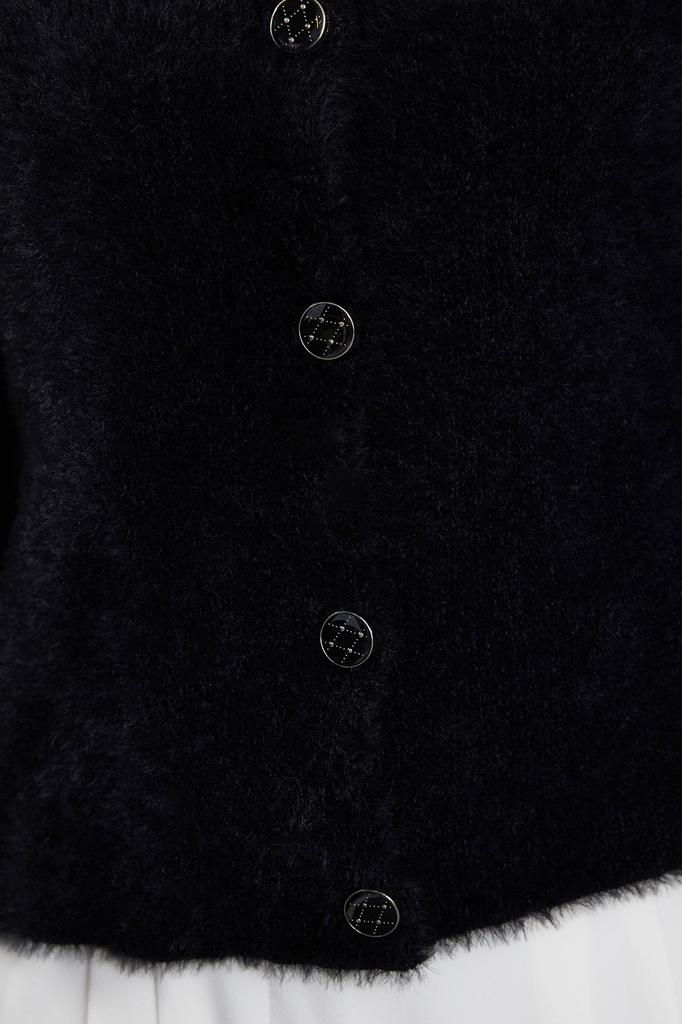 Women's Fashion Stylish Cardigan Black Shaggy Polo Collar Knitwear Cardigan