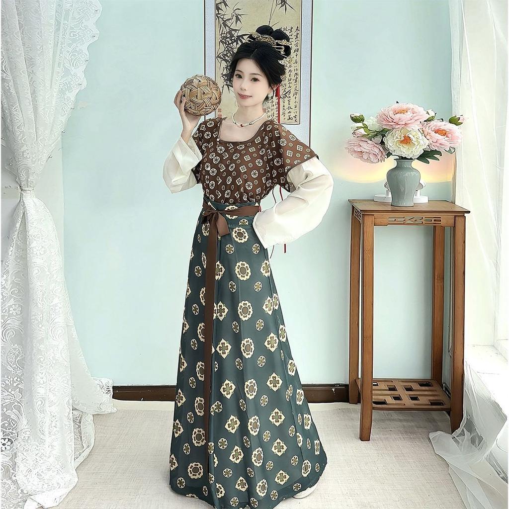  Original Tang Hanfu Women Tang Trousers Round Neck Shirt Waist-length Eight-thorn Skirt Daily  