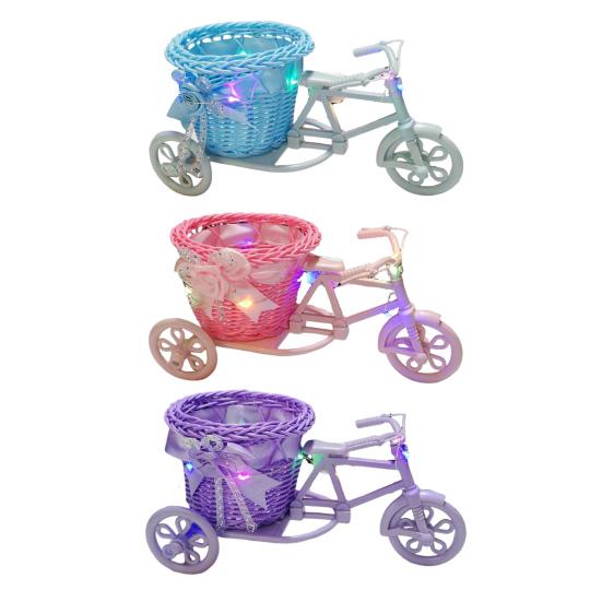 Rattan Trolley Flower Basket Decorative Tricycle with Colorful Flowers Woven Container Home Office Decor