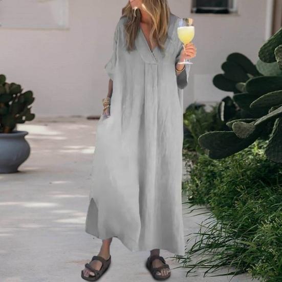Women's Loose Maxi Dress V-Neck Short Sleeve Long Dress Summer Casual A-Line