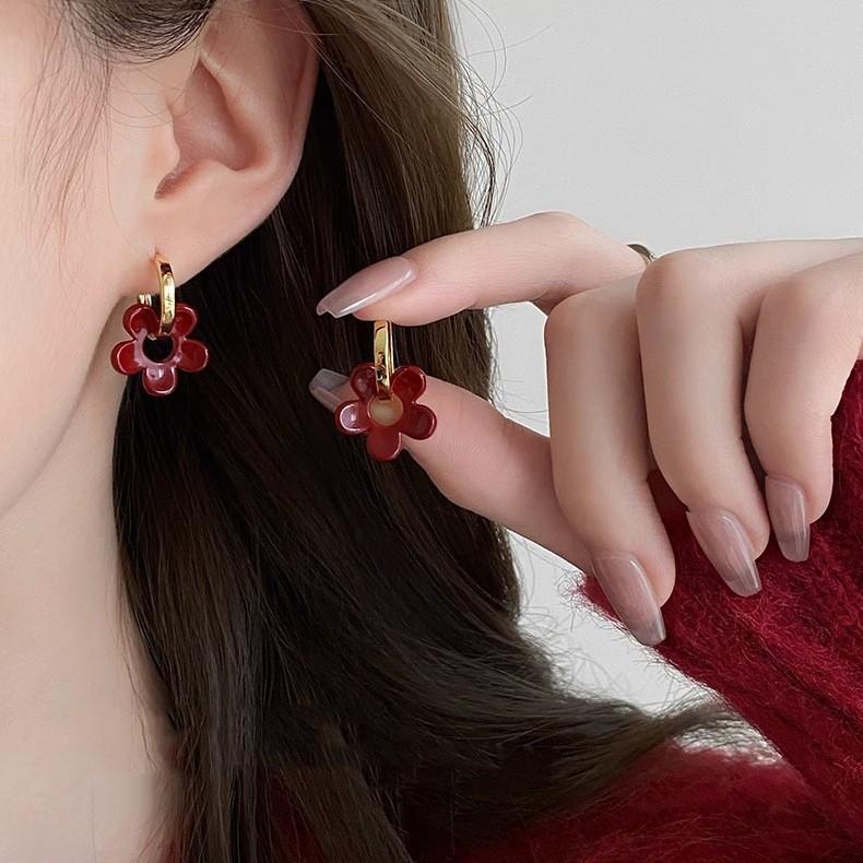 Red Ribbon Bow-knot Vintage Stud Earrings For Women Korean Fashion Autumn Winter Simple Bow Red Stud Earrings Geometric Earring