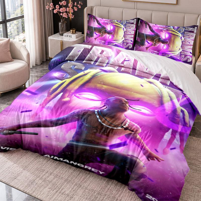 Travis Scott 3-teiliges Bettwäsche-Set Bettbezug mit zwei Kissenbezügen für Schlafzimmer Heimdekoration