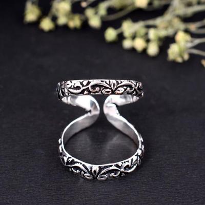 Oxidized Sterling Silver Double Band Ring | Adjustable Floral Scrollwork Wrap Ring | Unique Two-Finger Boho Statement Jewelry