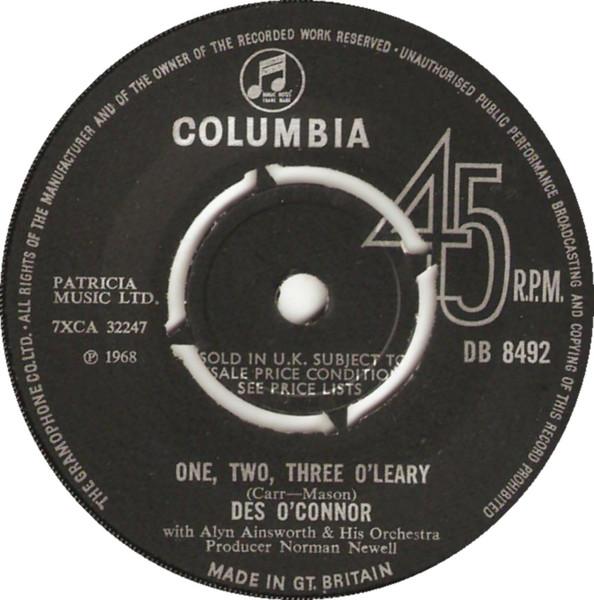 

7inch Record DES O CONNOR - One, Two, Three O Leary DB8492 Columbia 1968 UK Pop Used