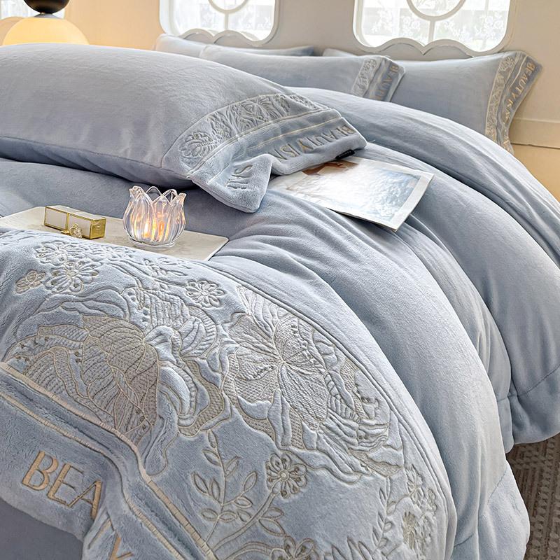 

Высококачественный легкий роскошный молочный флис с вышивкой 4 предмета зимний утолщенный теплый детский флисовый пододеяльник 1.8m bed sheet 4pc quilt 2*2.3m