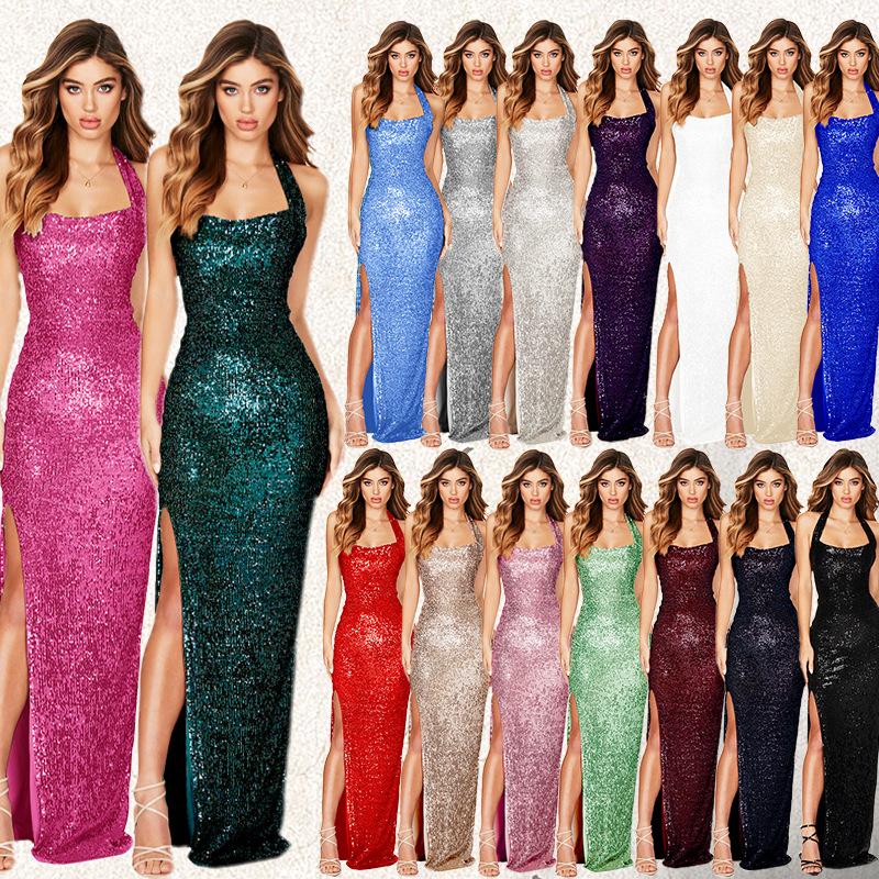 Halter Split Dress Sequins Temperament High Fashion Women
