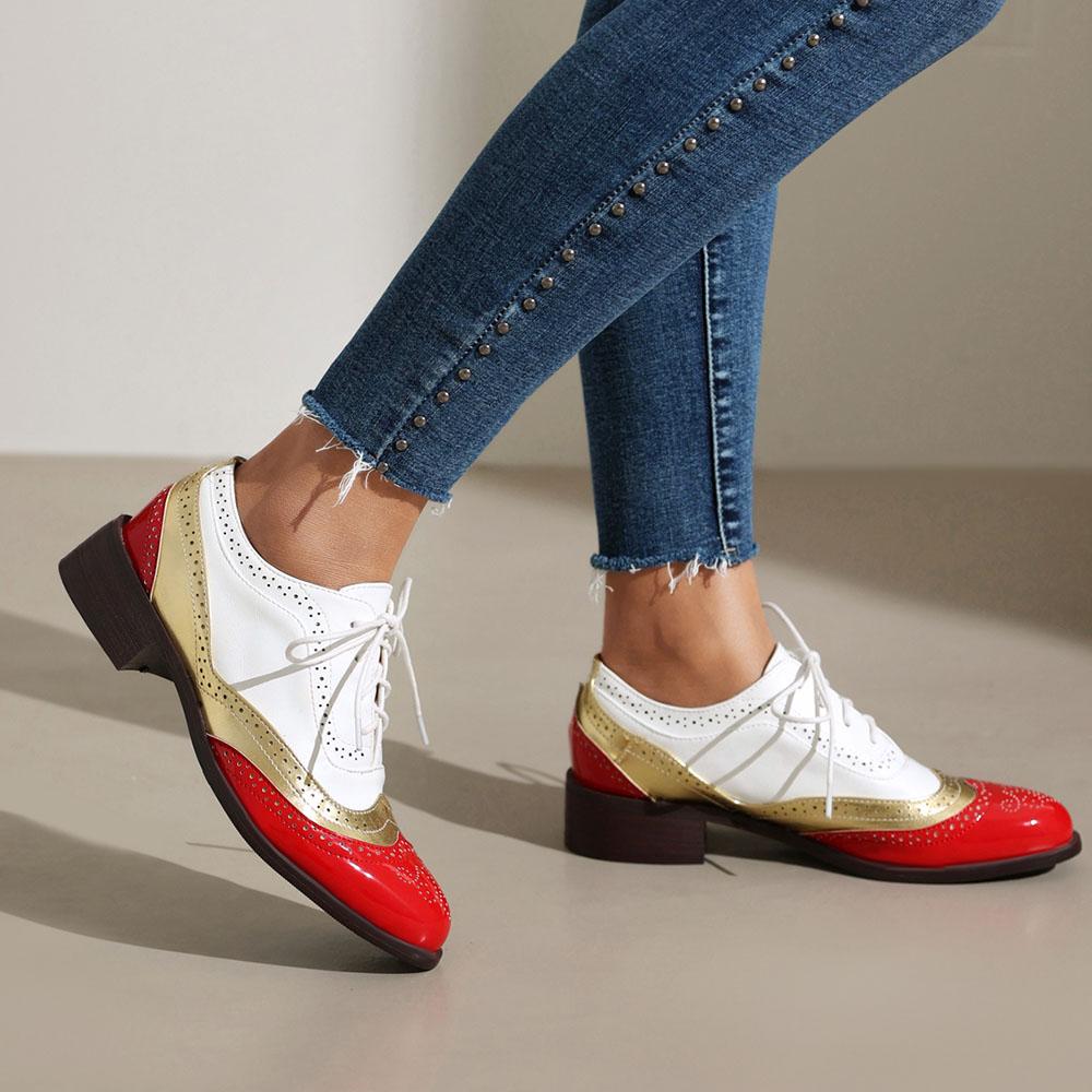 Plus Size 48 Women's Contrast Color Pumps Lace Up Hollow Out Dressy Chunky Heels Round Toe Comfort Daily Footwear