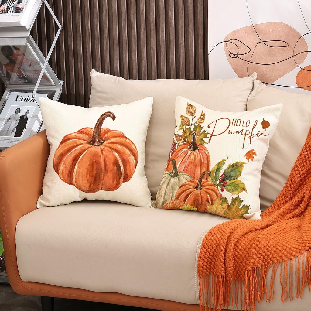 Thanksgiving Pillow Covers,Pumpkin & Autumn Leaf Design, Soft Flannel Sofa Cushion Covers for Home Decor,45x45cm, No Pillow Insert