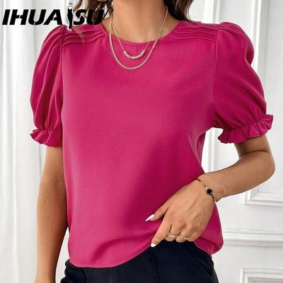 Women's Summer Fashion Style Solid Color Crewneck Shirt Top